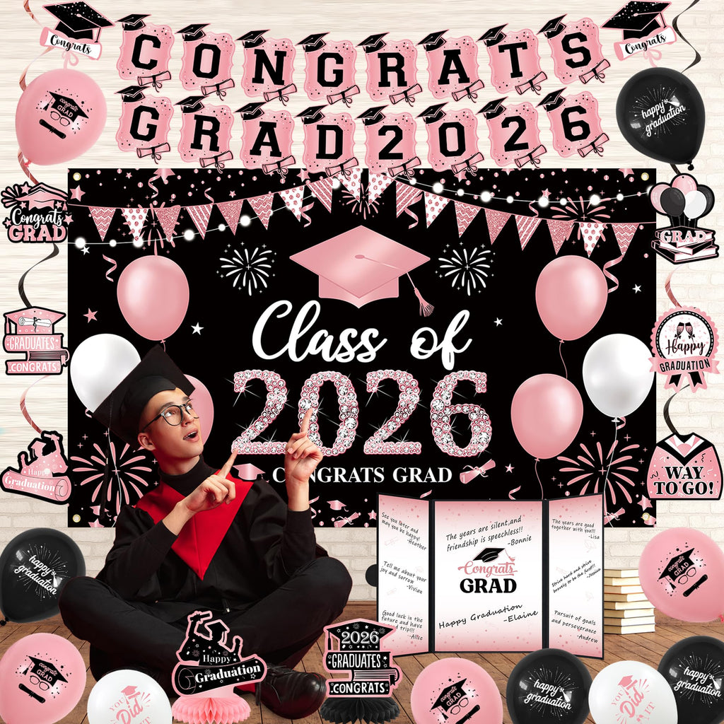 Vlipoeasn 2026 Graduation Party Decorations 2026 College/High School Graduation Decorations Party Supplies, Class of 2026 Congrats Grad Backdrop Banner Signature Book